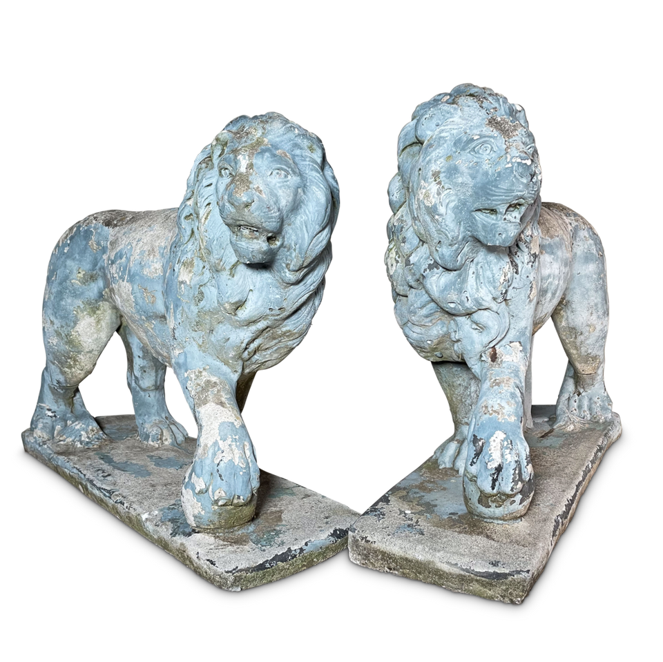 Pair of Painted Composite Stone Lions