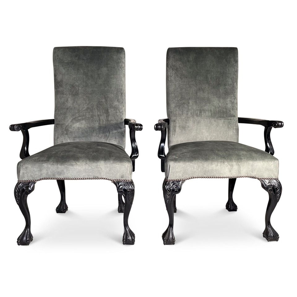 Pair of Ebonised Walnut Carver Chairs on Cabriole Legs with Ball and Claw Feet