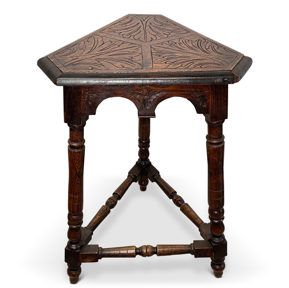 Carved Oak Top Hexangular Occasional Table on Triangular Base