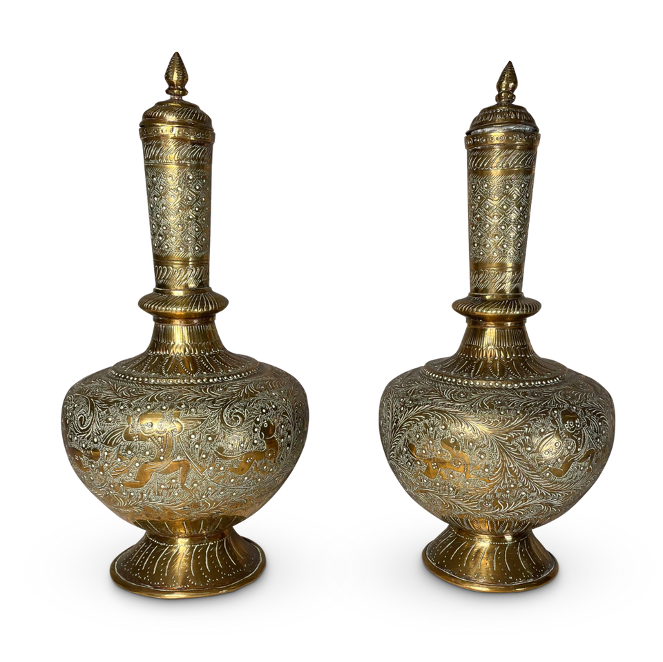 Pair of Chase Engraved Brass Shaft Neck Lidded Urns