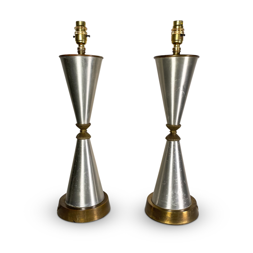 Pair of Aluminium and Brass Conical Table Lamps