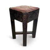 Carved Oak Stool with Red Leather Top