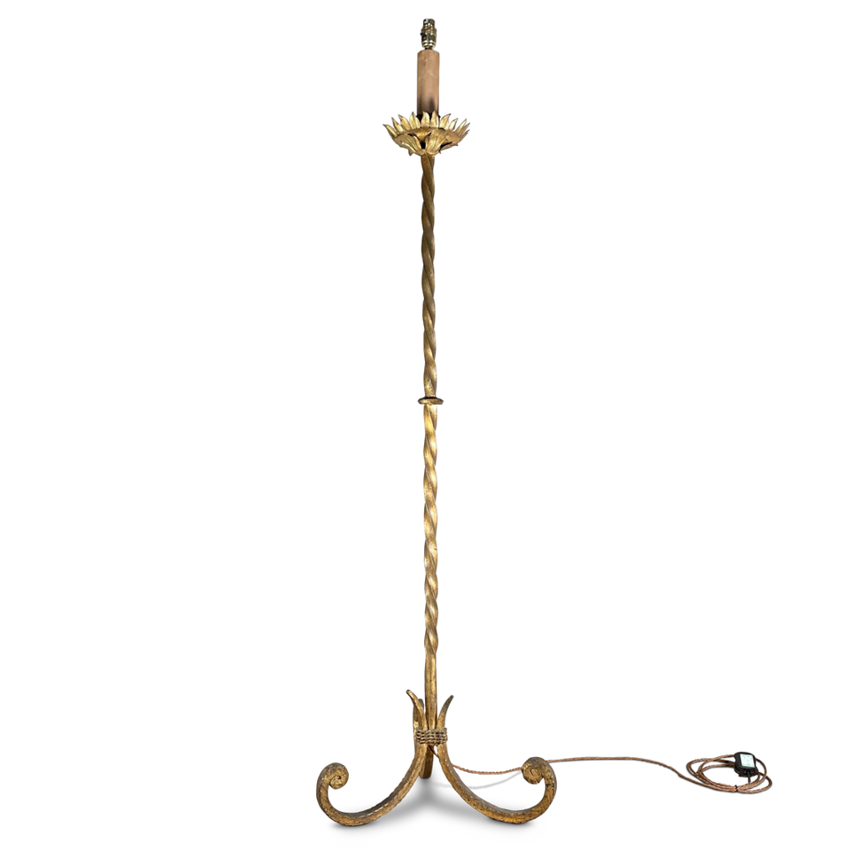 Gilt Metal Floor Lamp with Scrolled Tripod Base