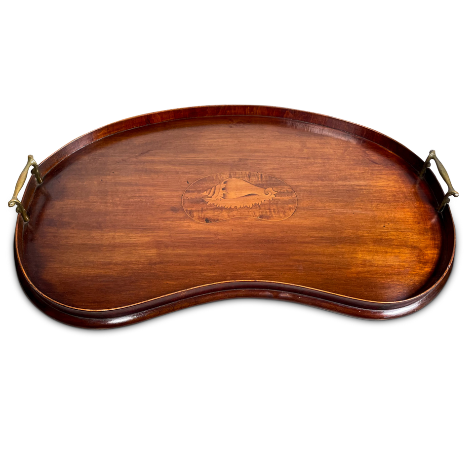 Galleried Mahogany Inlaid Kidney Shaped Tray