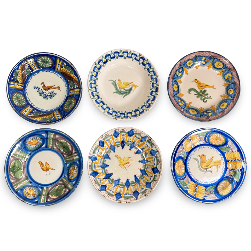 Set of Six Puente Del Arzobispo Pottery Chargers Decorated with Birds