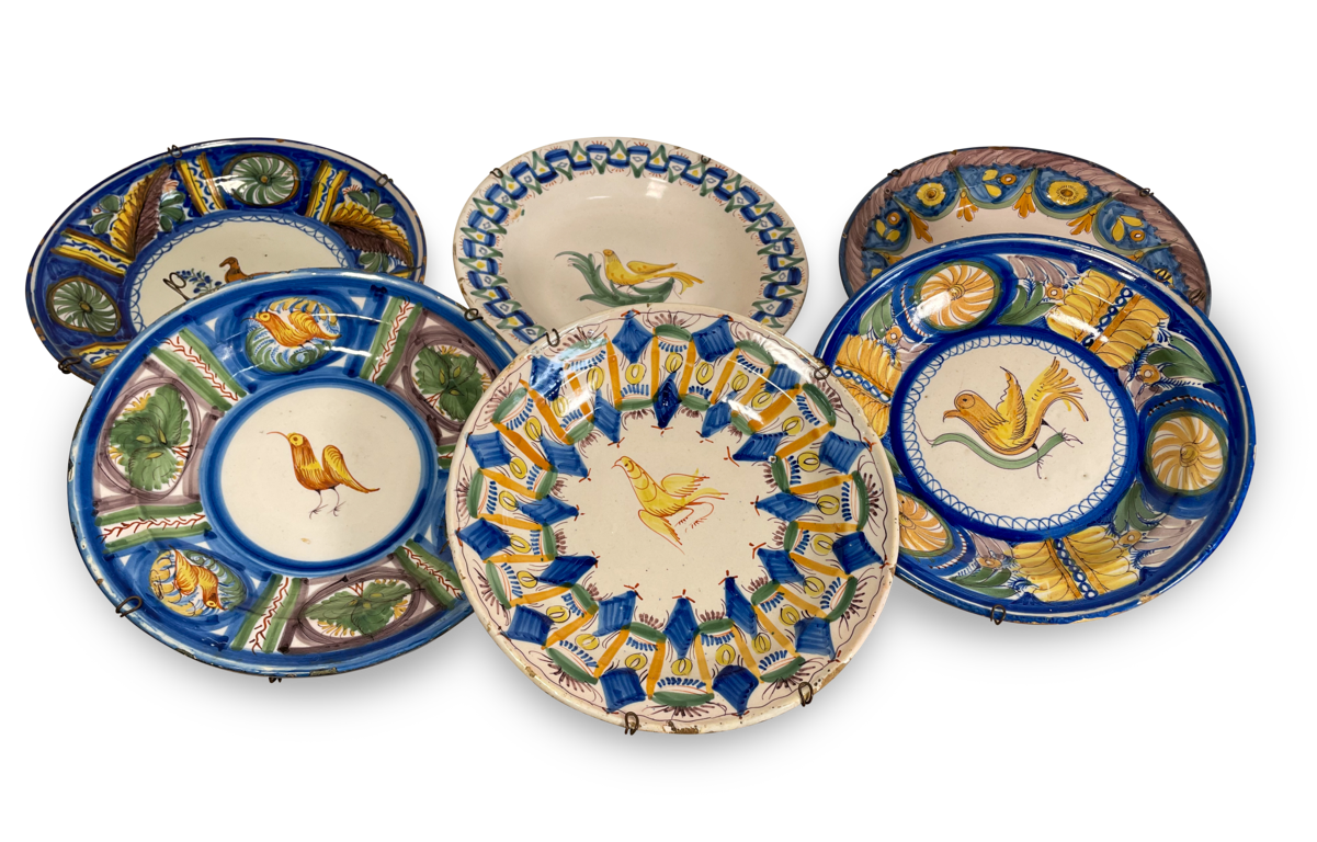 Set of Six Puente Del Arzobispo Pottery Chargers Decorated with Birds