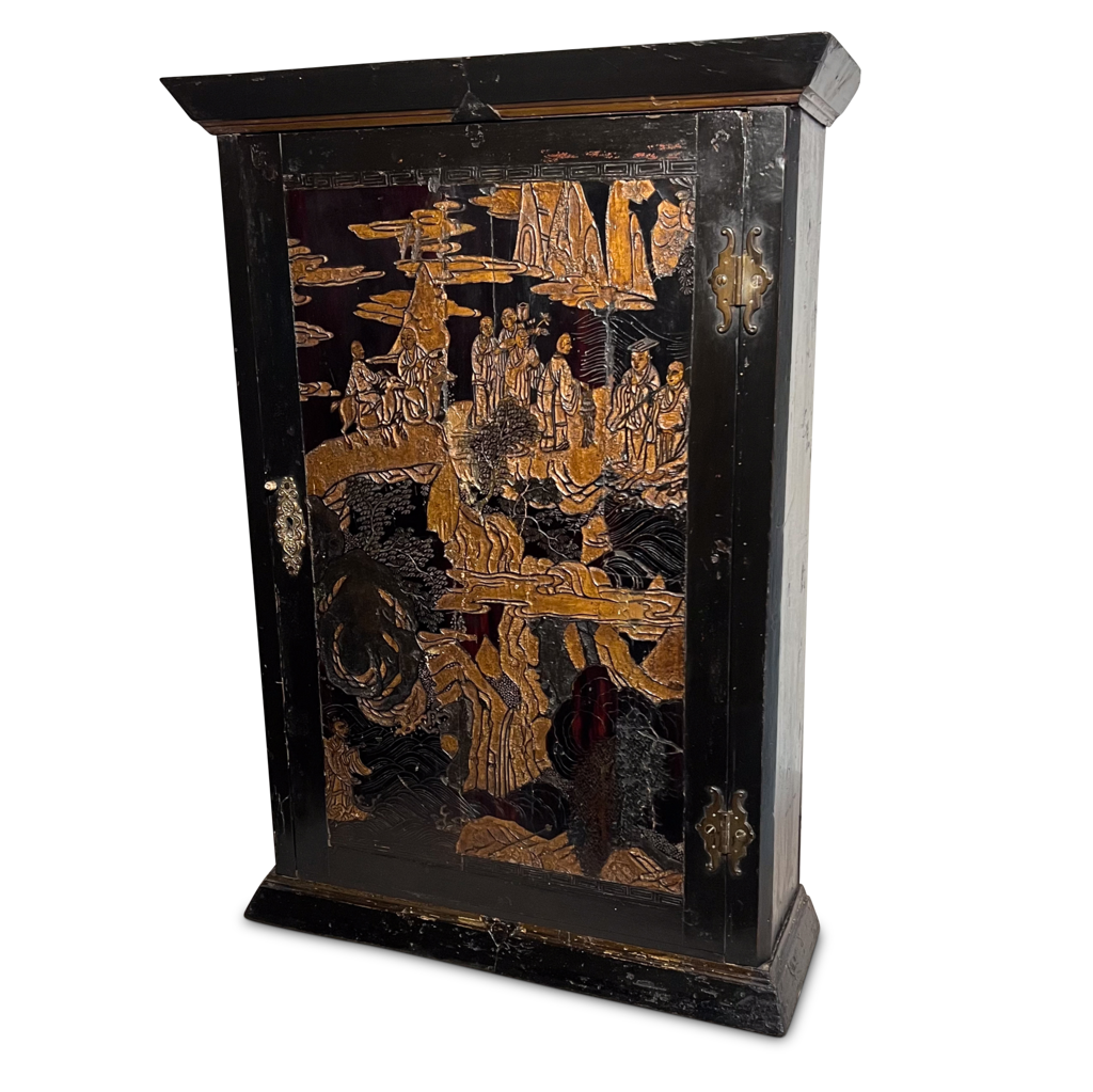 Regency Lacquered and Ebonised Wall Cabinet with Carved Door