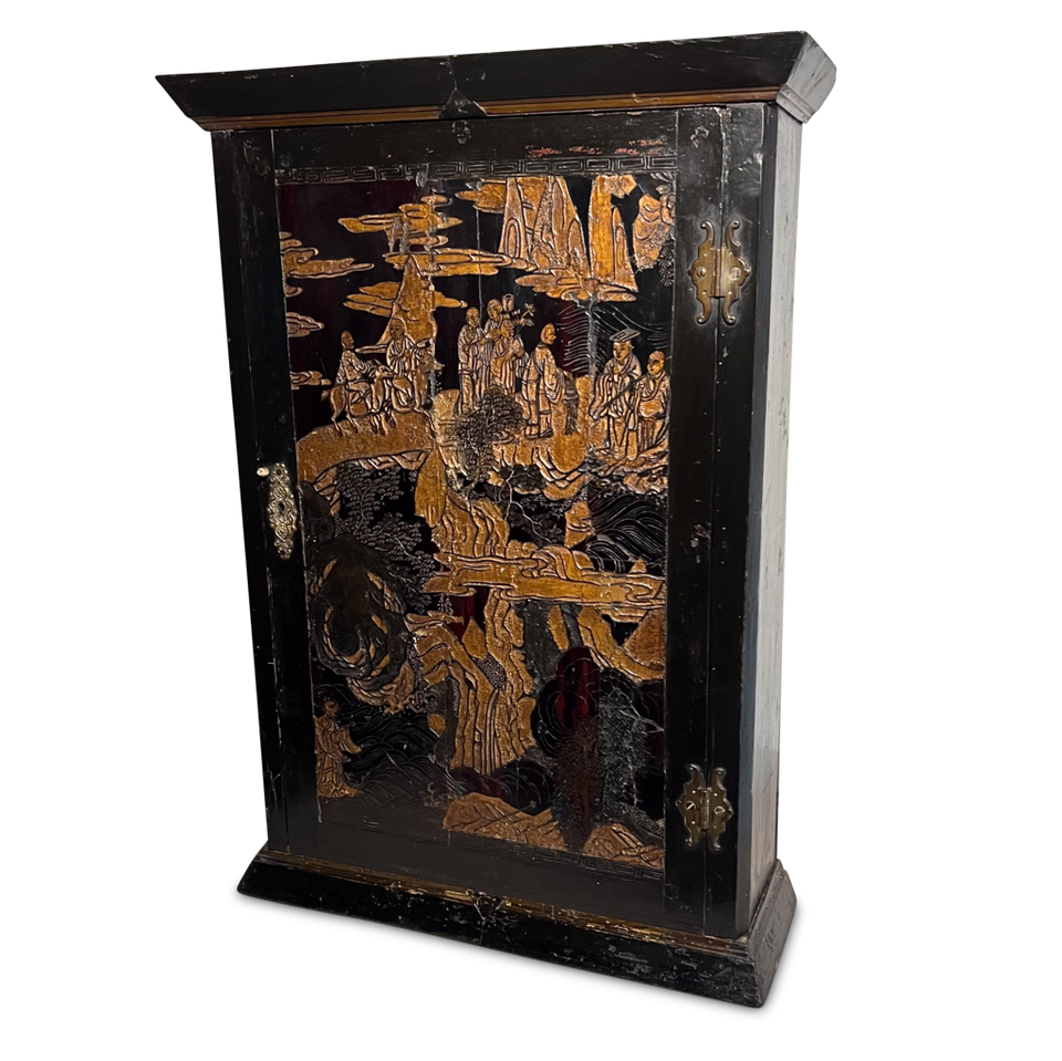 Regency Lacquered and Ebonised Wall Cabinet with Carved Door