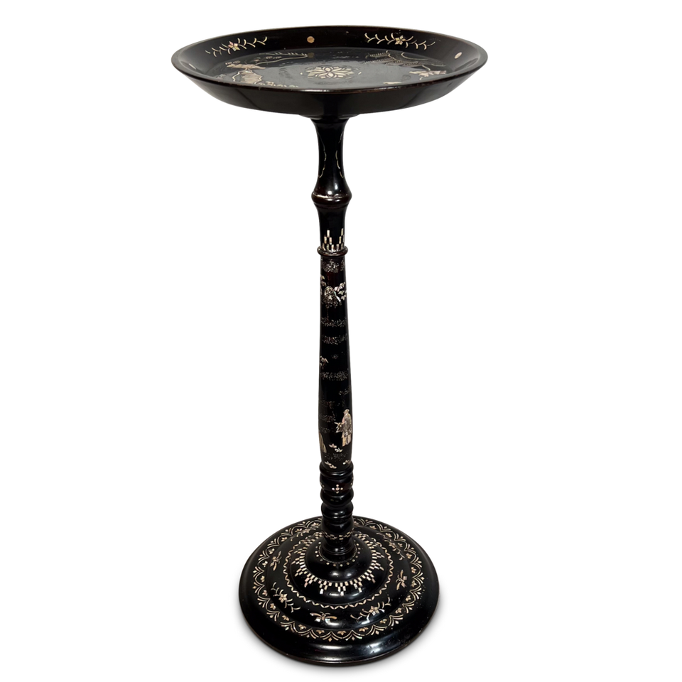 Ebonised and Lacquered Mother of Pearl Inlaid Column Side Table