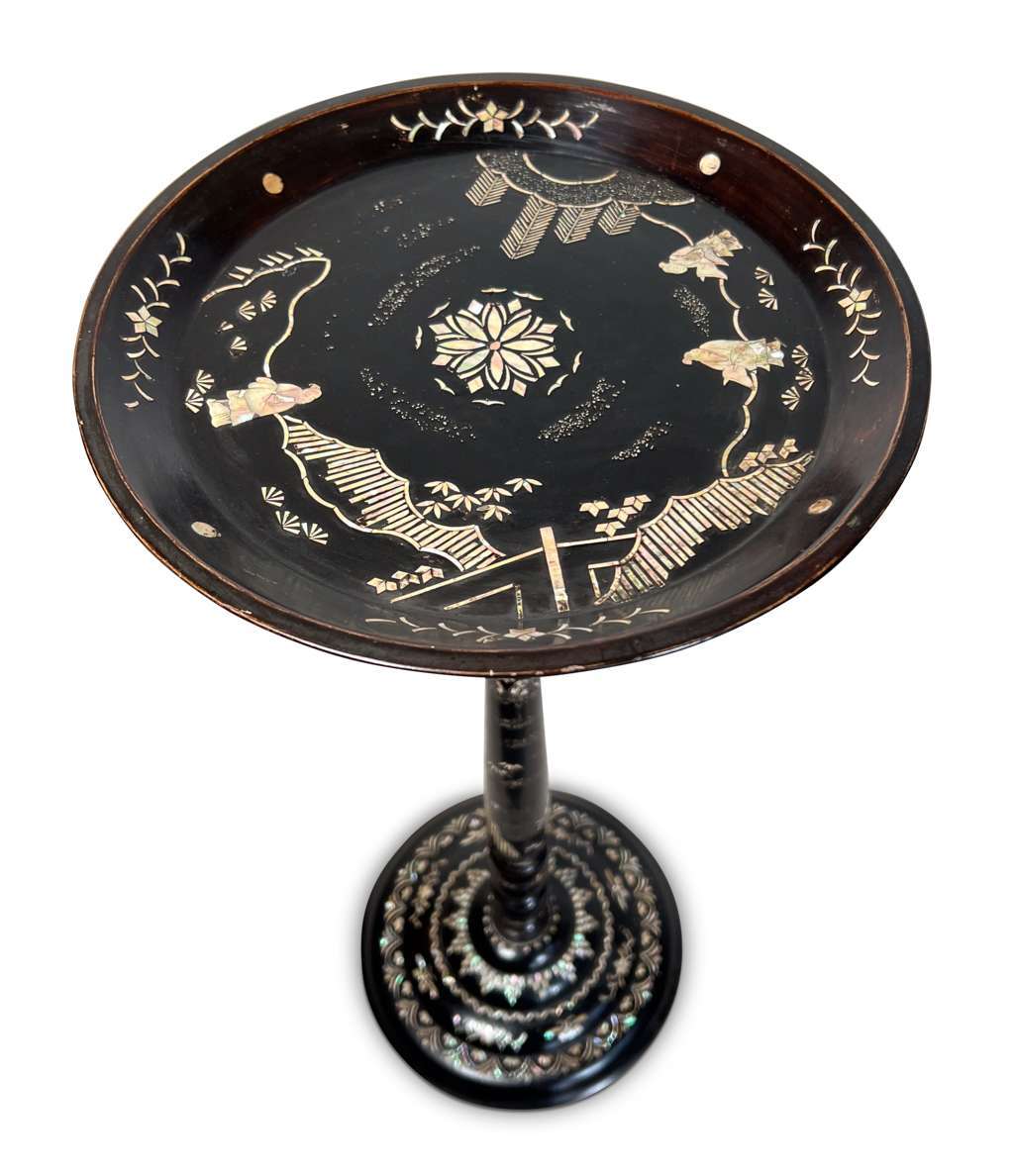 Ebonised and Lacquered Mother of Pearl Inlaid Column Side Table