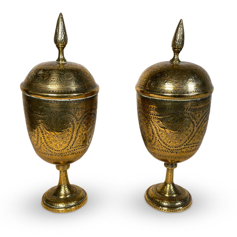 Pair of Lidded Chased Brass Anglo-Indian Urns