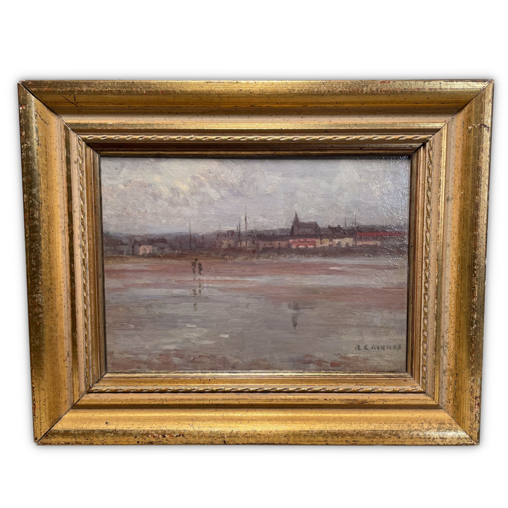 Oil on Board of a Shoreline with Houses by R E Hughes