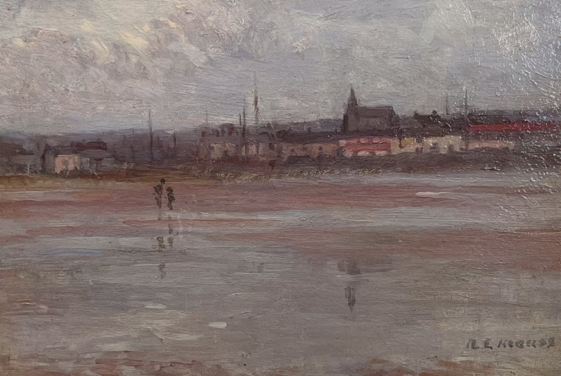 Oil on Board of a Shoreline with Houses by R E Hughes