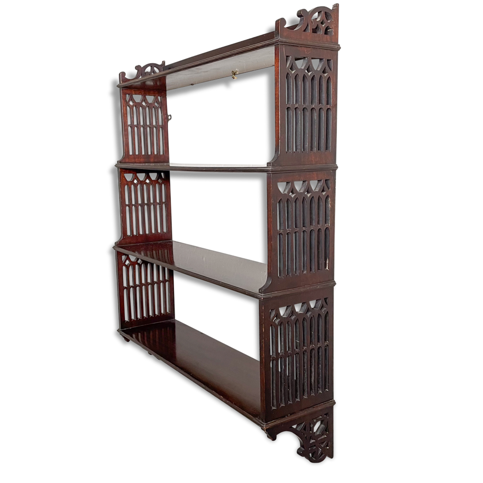 Victorian Mahogany Four Tiered Shelf with Fretwork Cut Gothic and Ogee Sides
