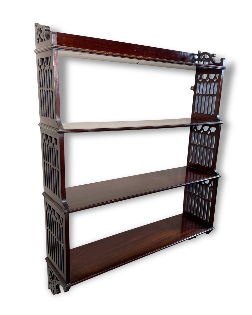 Victorian Mahogany Four Tiered Shelf with Fretwork Cut Gothic and Ogee Sides