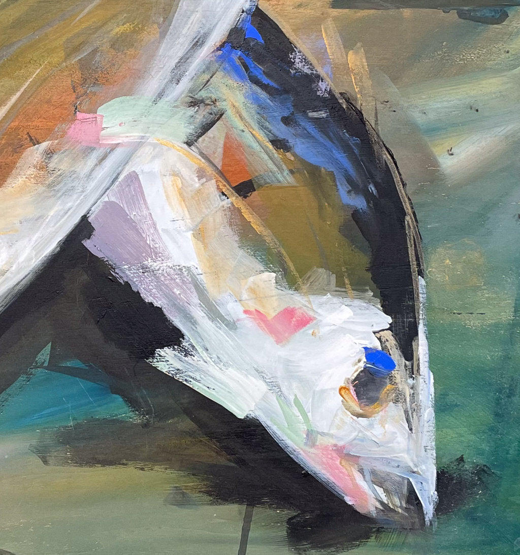 Oil on Board Contemporary Still Life of Two Fishes