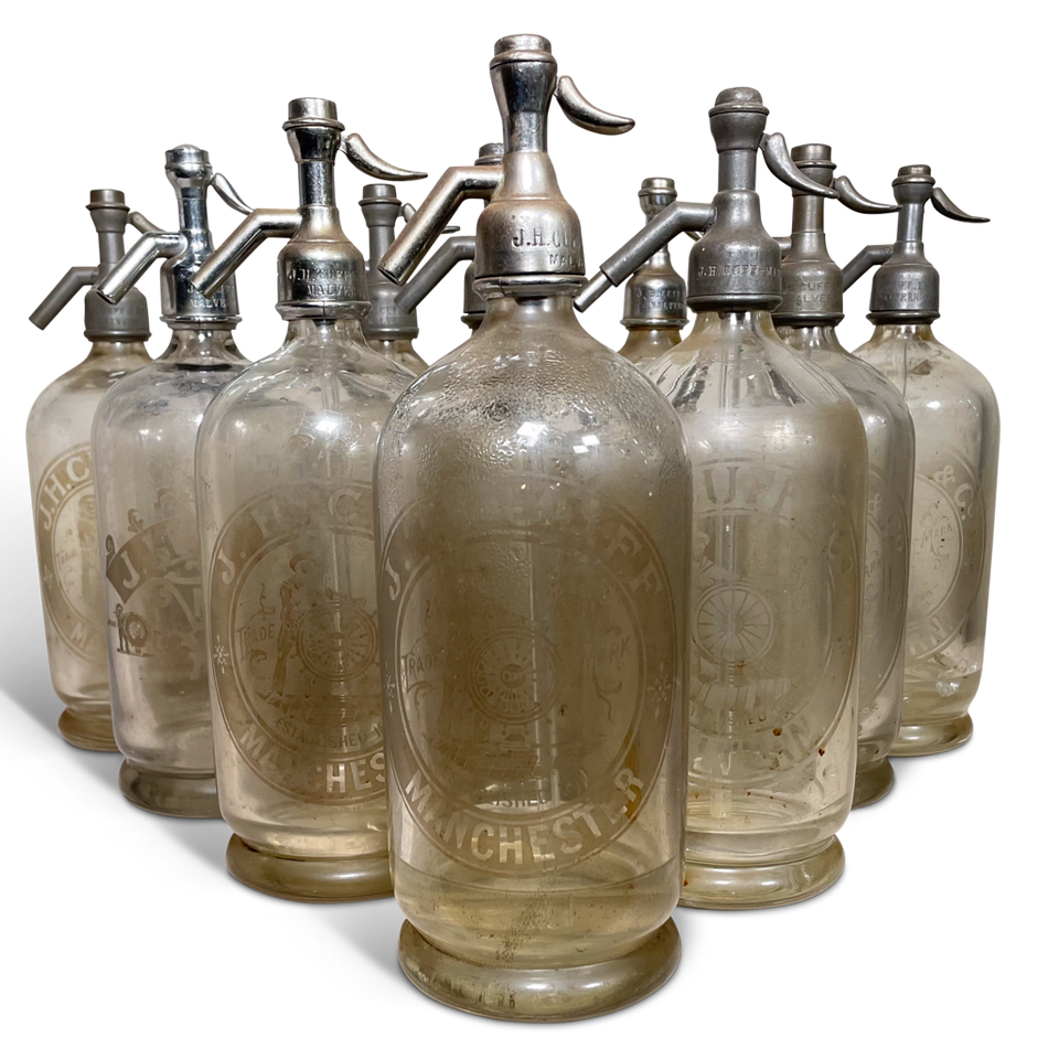 Set of Ten Edwardian Glass Soda Syphons by J H Cuff & Co