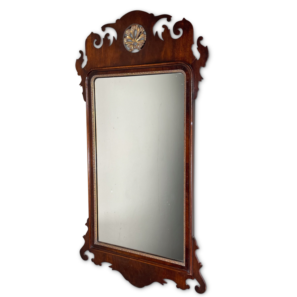 Regency Style Mahogany Fretwork Mirror with Inset Gilt Carved Crest