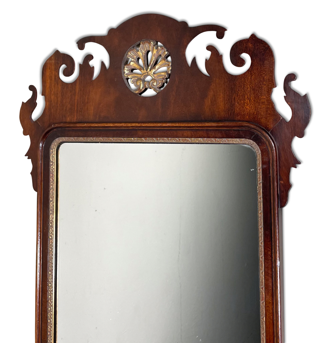 Regency Style Mahogany Fretwork Mirror with Inset Gilt Carved Crest