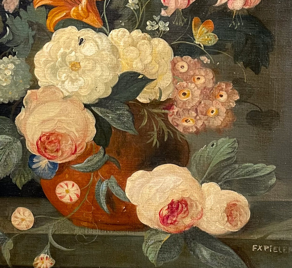 Oil on Canvas Still Life of Flowers in a Vase with a House Fly