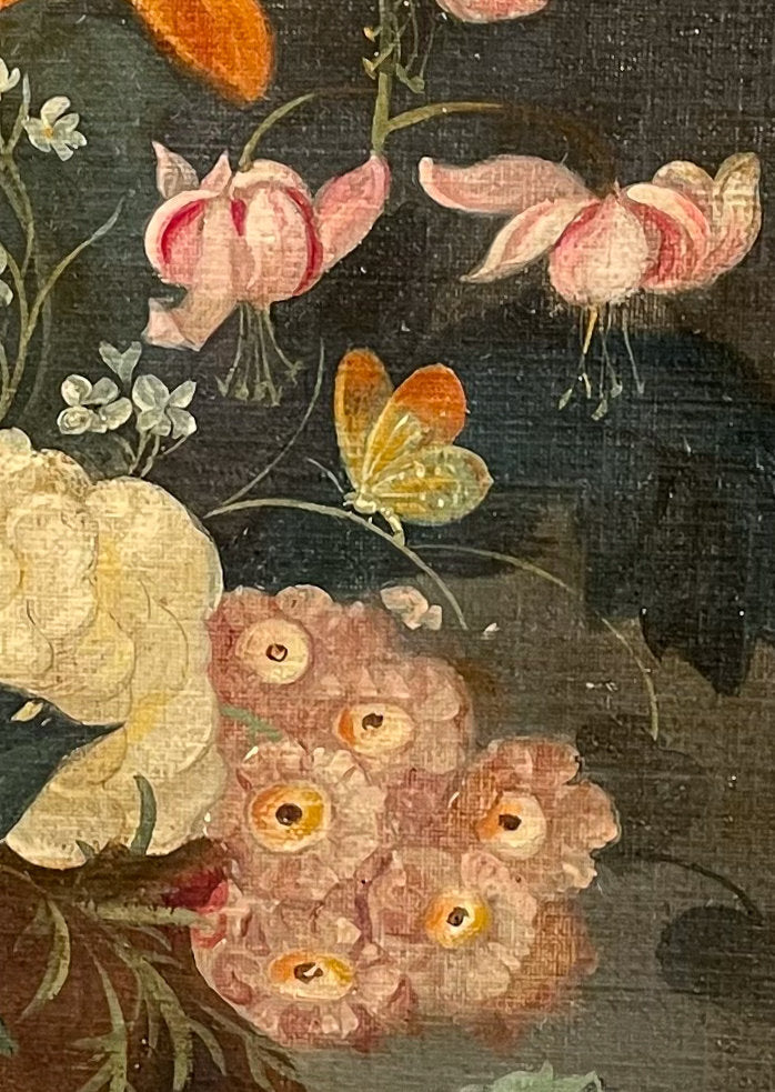Oil on Canvas Still Life of Flowers in a Vase with a House Fly