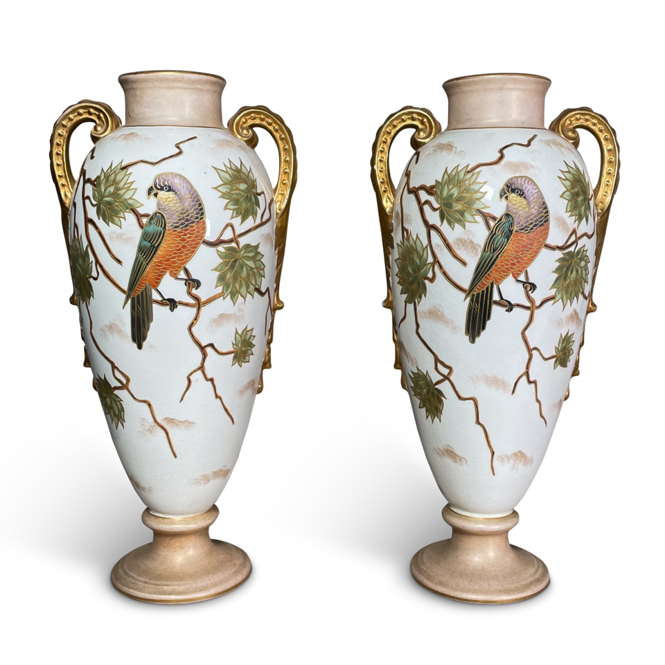 Pair of Worcester Style Vases Decorated with Parrots and Butterflies