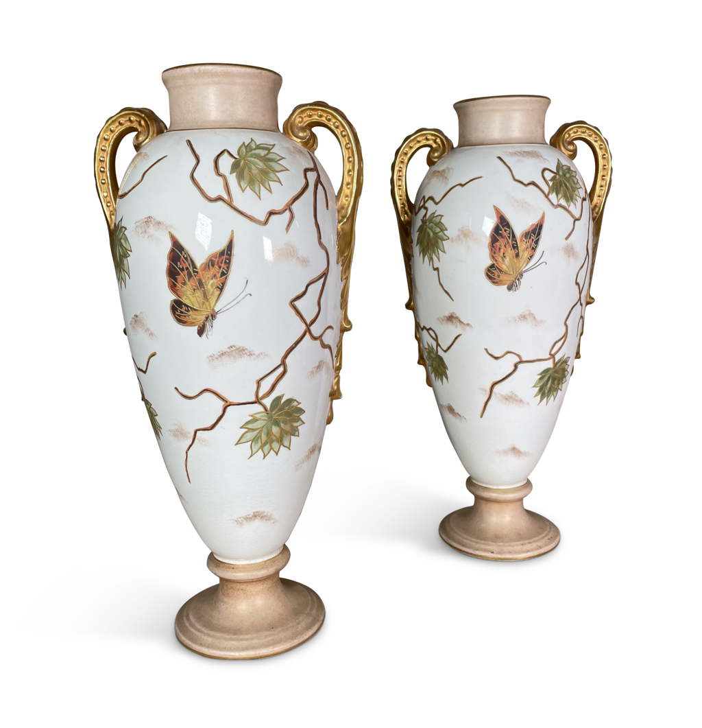 Pair of Worcester Style Vases Decorated with Parrots and Butterflies