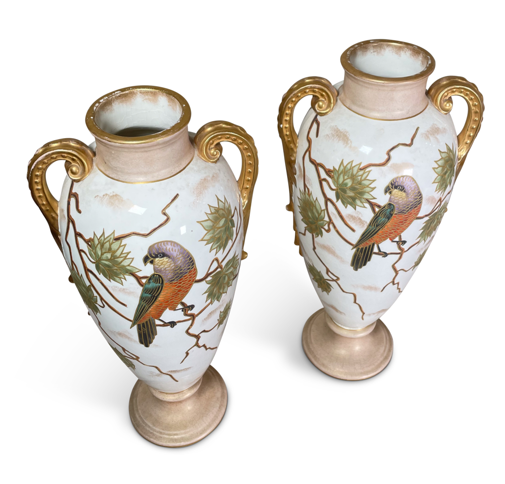 Pair of Worcester Style Vases Decorated with Parrots and Butterflies