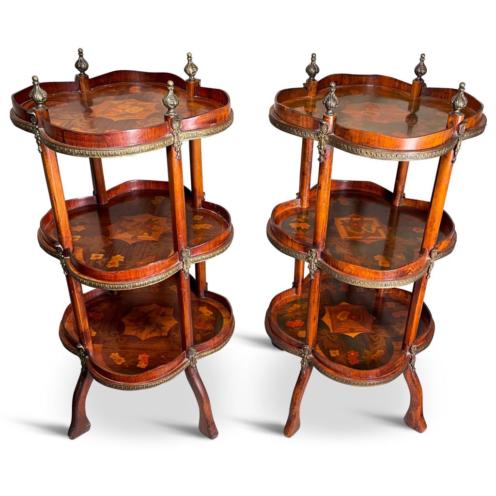 Pair of Three Tiered Scallop Edged Kingwood Louis XV Style Parquetry Side Tables