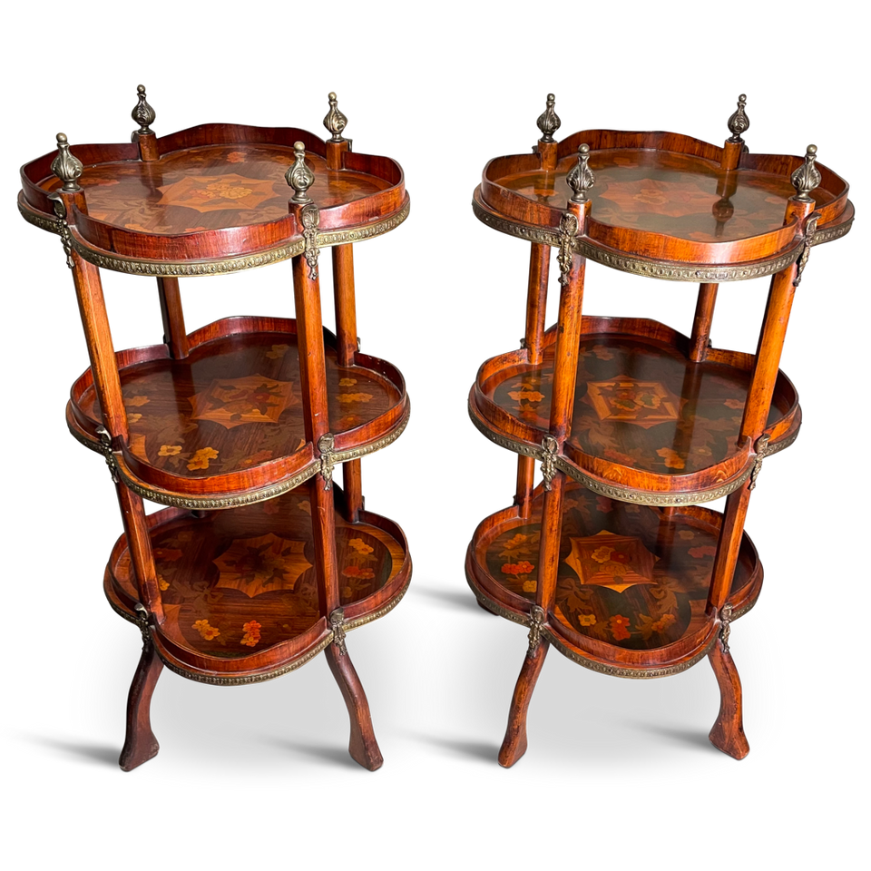 Pair of Three Tiered Scallop Edged Kingwood Louis XV Style Parquetry Side Tables