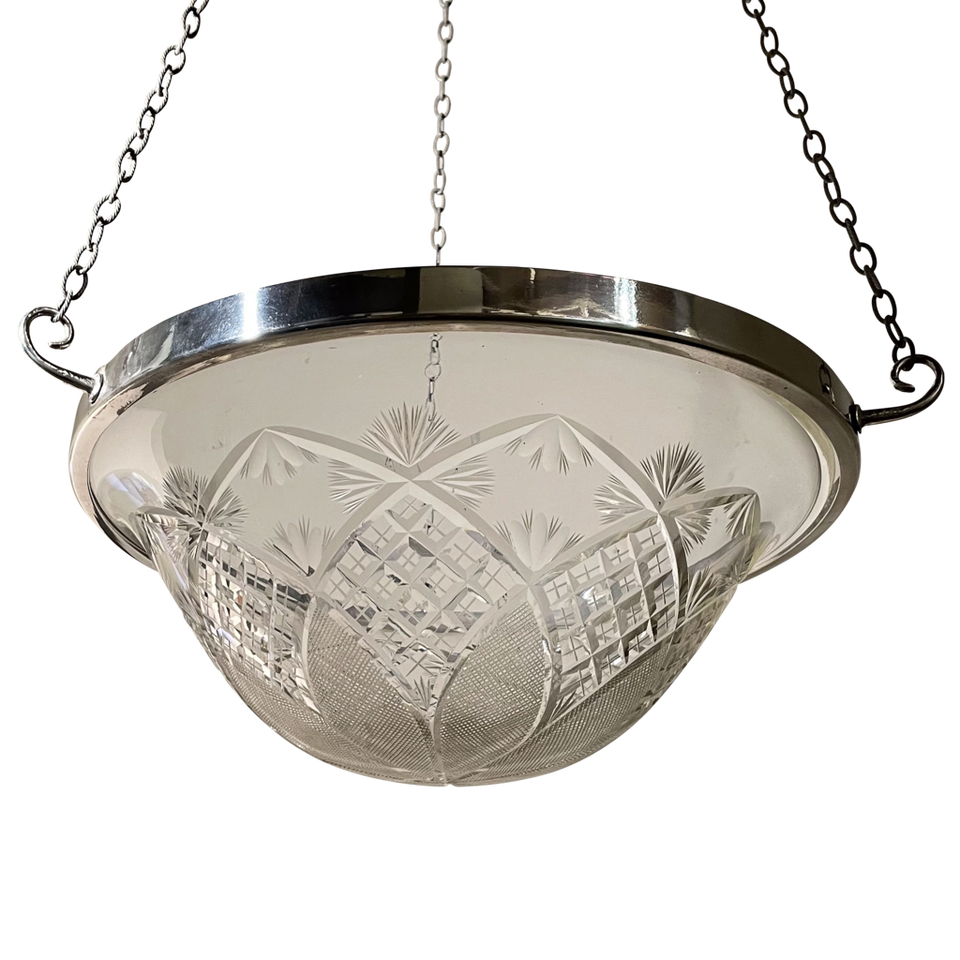 Cut Glass and Silver Plated Circular Plafonnier with Steel Chain