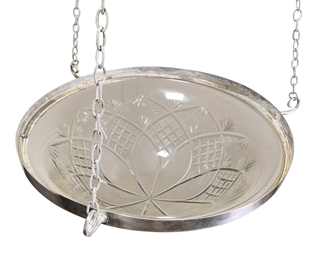 Cut Glass and Silver Plated Circular Plafonnier with Steel Chain