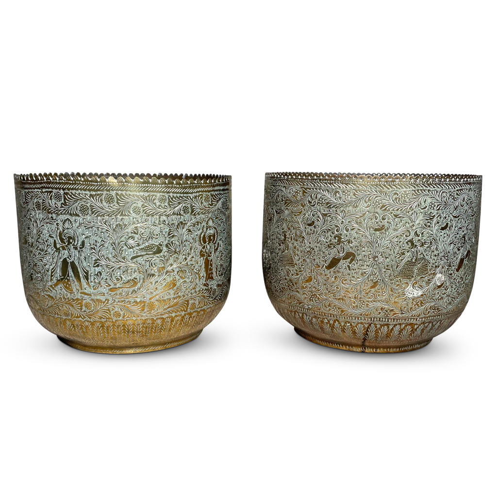 Pair of Chase Engraved Indian Brass Jardinieres
