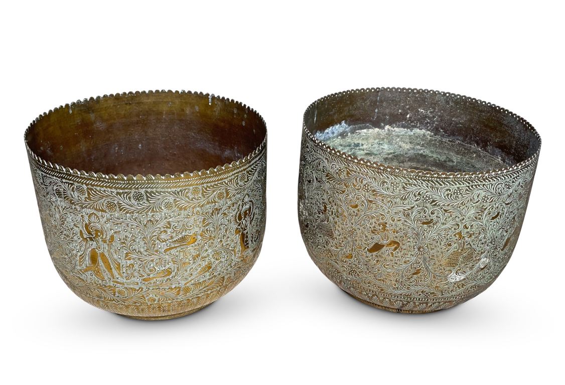 Pair of Chase Engraved Indian Brass Jardinieres