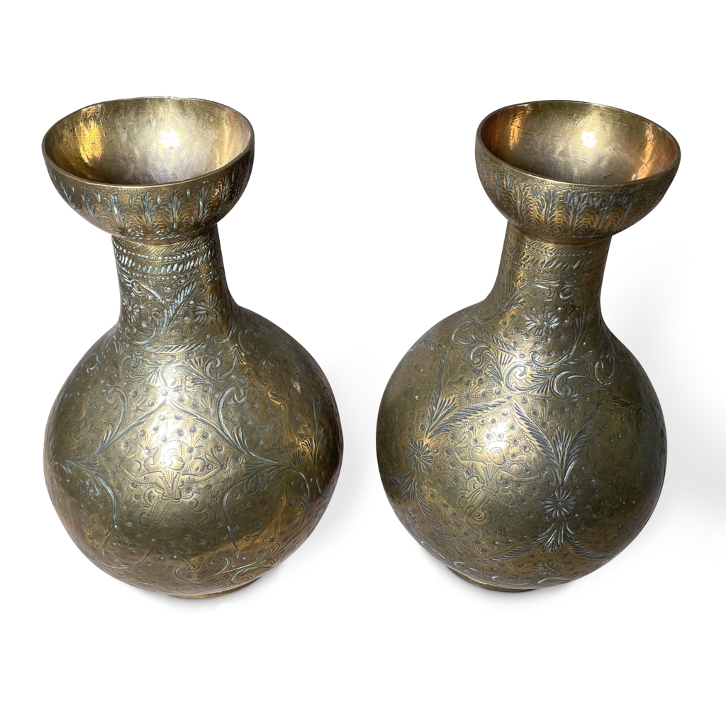 Pair of Chase Engraved Indian Brass Vases
