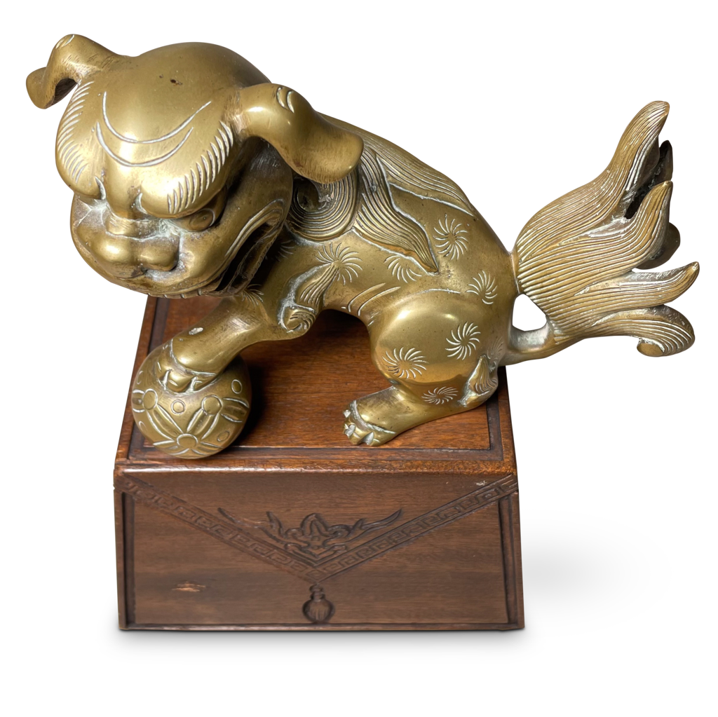 Brass Cast Foo Dog Mounted on a Hardwood Stand