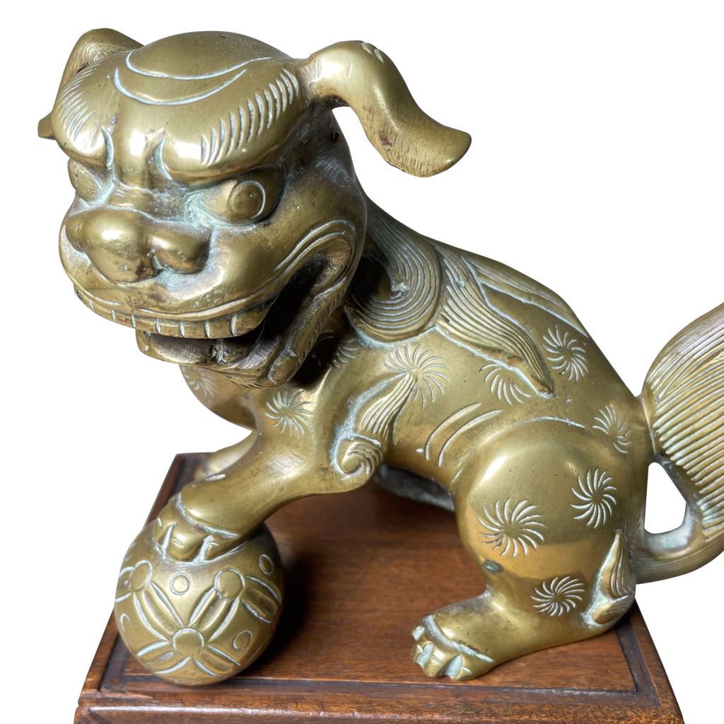 Brass Cast Foo Dog Mounted on a Hardwood Stand