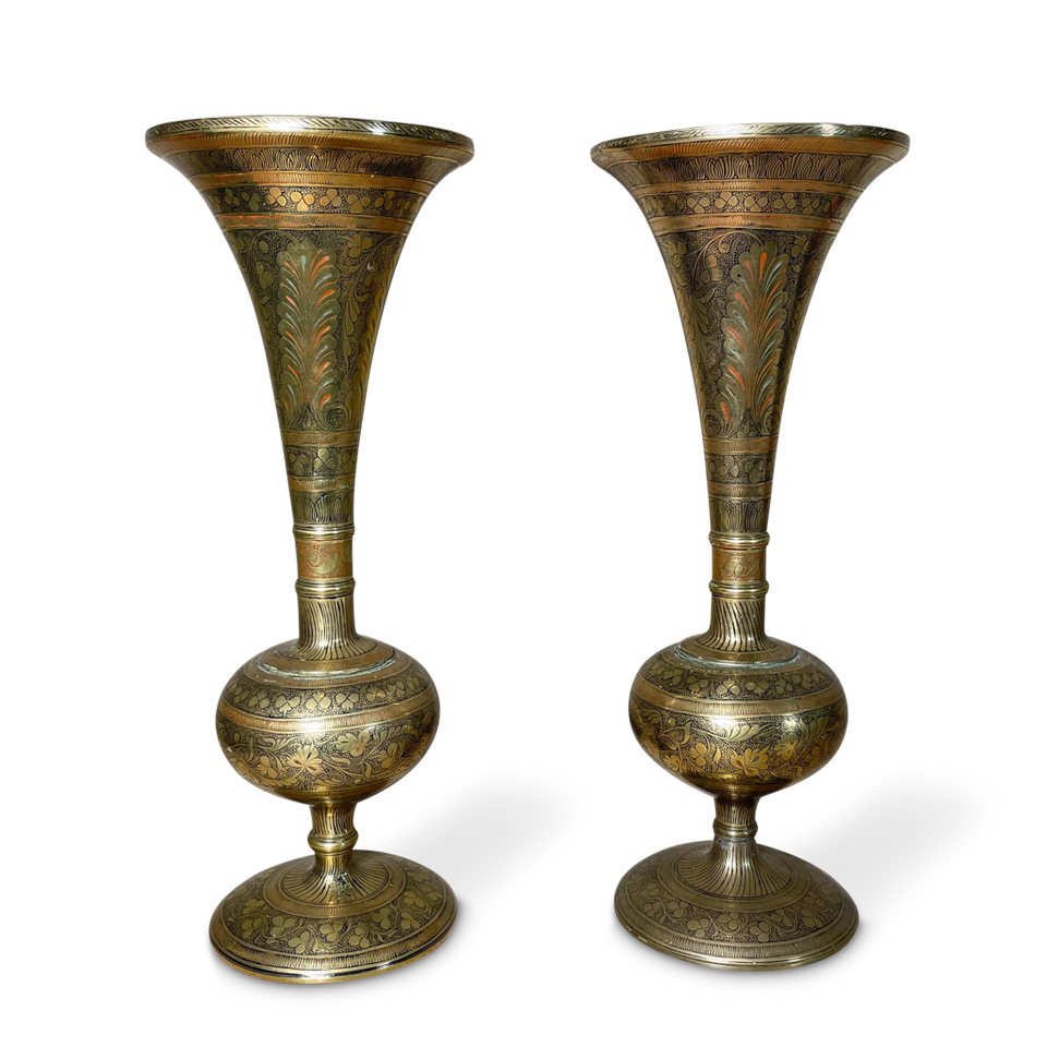 Pair of Chase Engraved Indian Brass Trumpet Neck Vases