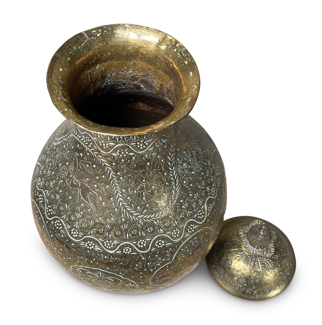 Chase Engraved Brass Indian Lidded Urn