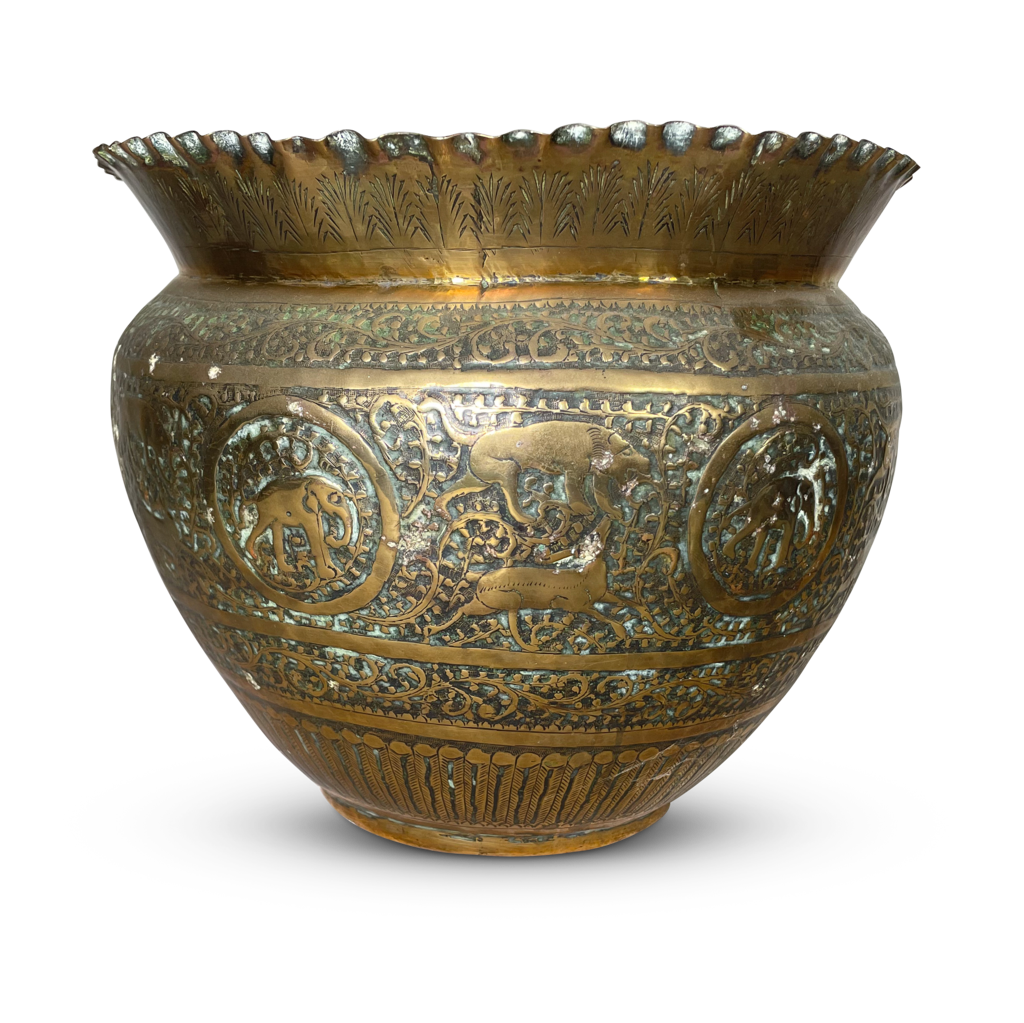 Indian Brass Jardiniere Embossed with Jungle Animals