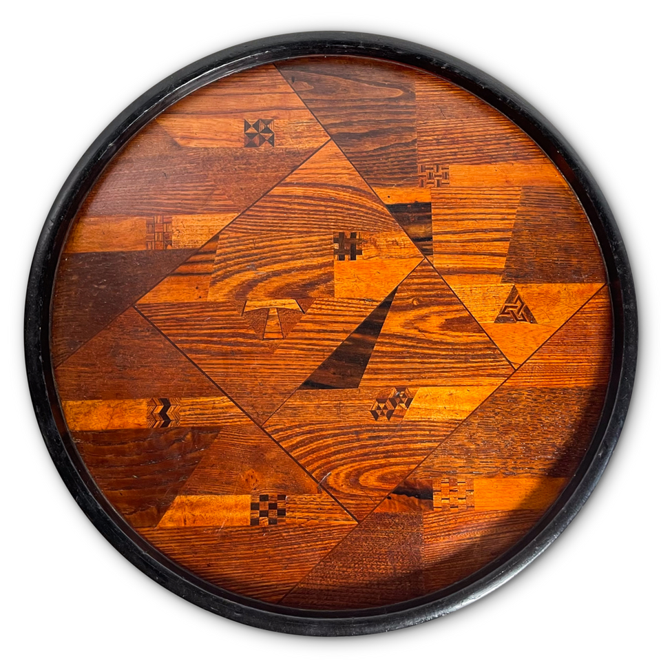 Circular Geometric Parquetry Serving Tray with Ebonised Gallery