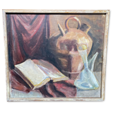 Oil on Board Still Life with Flagon and Book