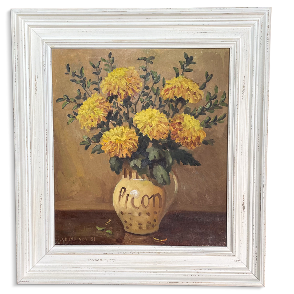 Oil on Canvas Still Life of Chrysanthemums Signed K R Lee