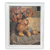 Oil on Canvas Unsigned Still Life of Marigolds with Pears