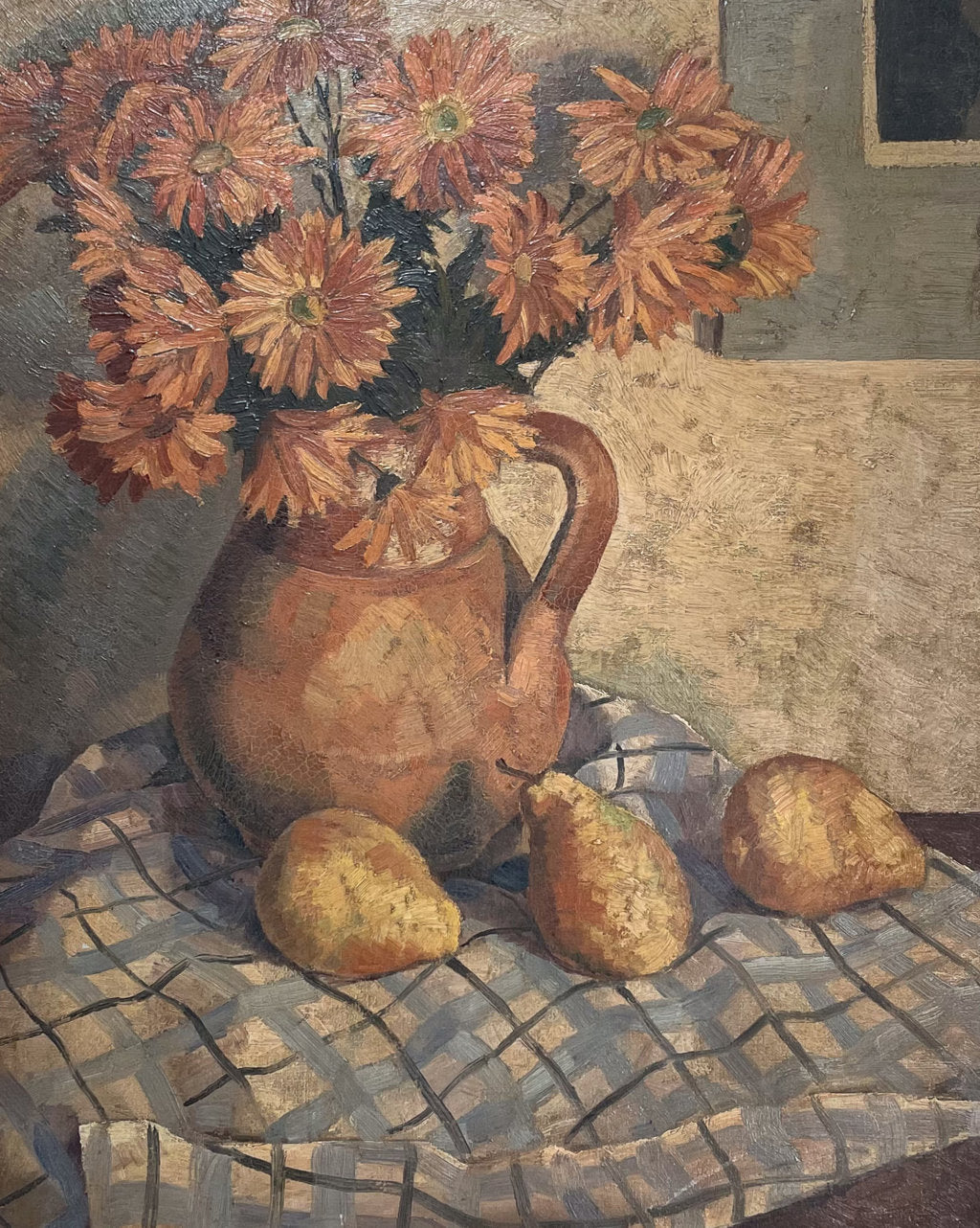 Oil on Canvas Unsigned Still Life of Marigolds with Pears