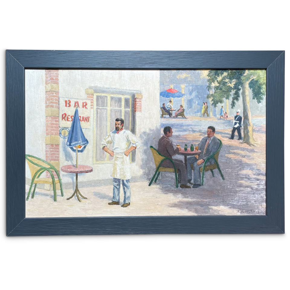 Oil on Board of a French Café Scene signed R A Le Bas
