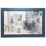 Oil on Board of a French Café Scene signed R A Le Bas