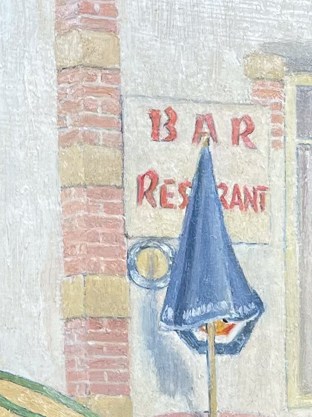 Oil on Board of a French Café Scene signed R A Le Bas