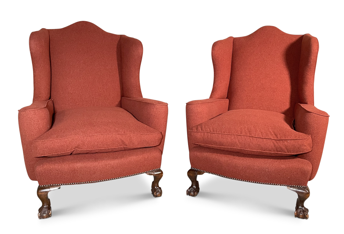 Pair of Edwardian Queen Anne Style Hump Back Winged Armchairs