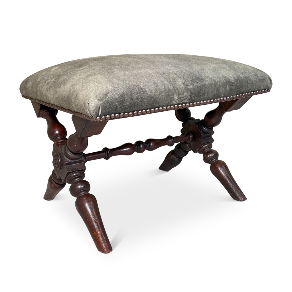 Turned Walnut X Frame Upholstered Foot Stool